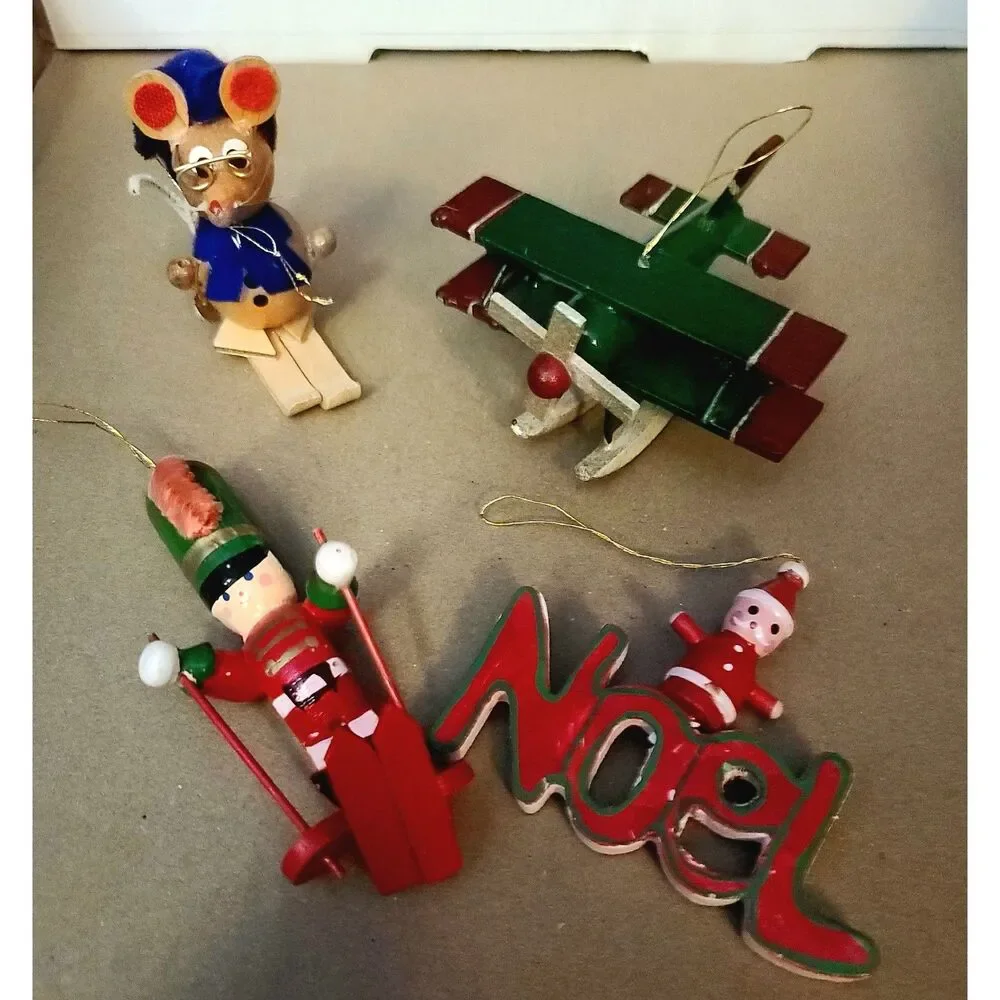 Vintage Lot of 4 Wooden: Plane,‎ Noel, Soldier, Mouse Ornaments Figurines